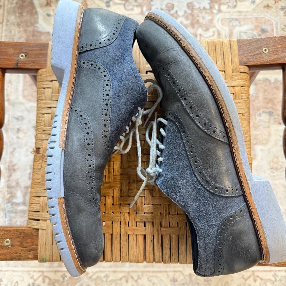 Cole Haan LunarGrand Wingtip Oxford Shoes Blue Suede Leather Size 11.5 Men’s